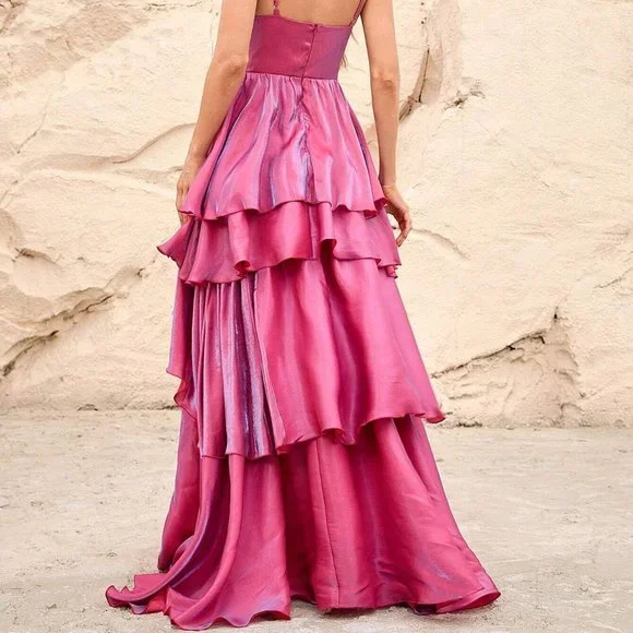 Rose Red Party Womens Layer Hem Chiffon Cami Dress - Picture 3 of 5